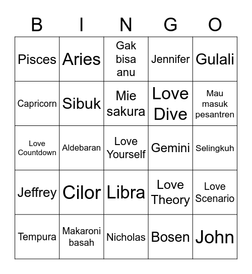 Sanha Bingo Card