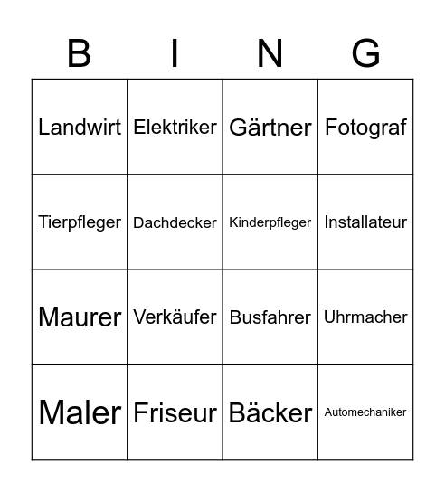 Die Berufe Bingo Card