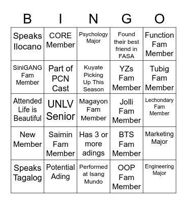 Get to Know Your FASAMILYA <3 Bingo Card