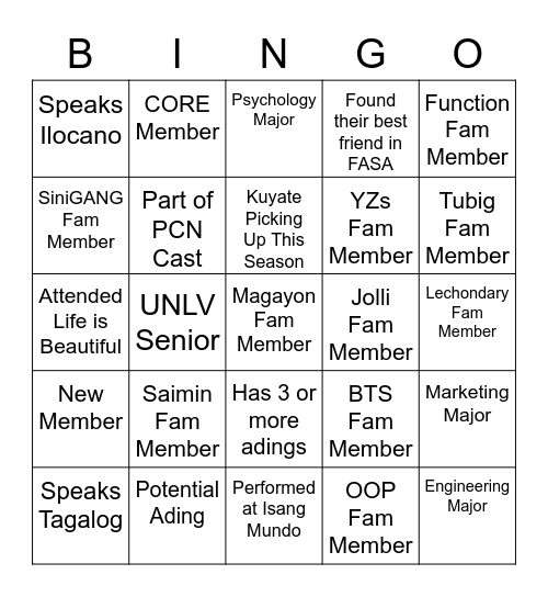 Get to Know Your FASAMILYA <3 Bingo Card