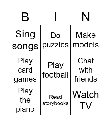 Things I like to do Bingo Card