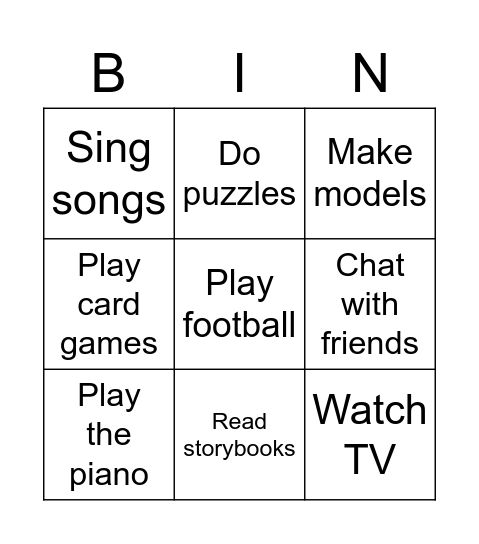 Things I like to do Bingo Card