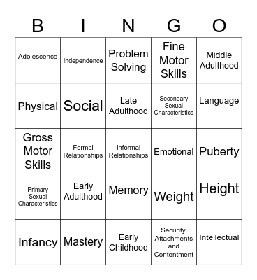 PIES and Life Stages Bingo Card