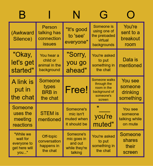 Zoom Meeting BINGO Card