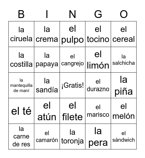 La Comida Bingo Card