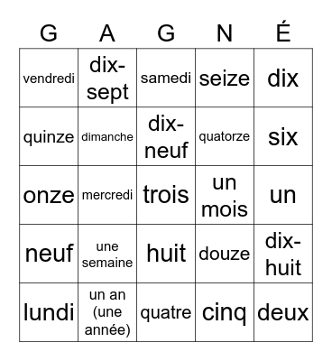 Français 1 - Jours de la Semaine Bingo Card