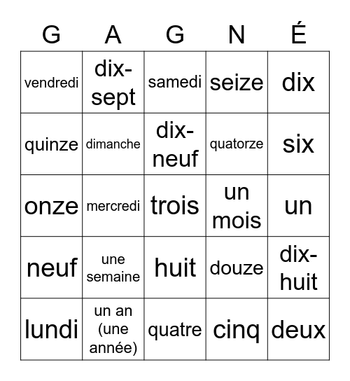 Français 1 - Jours de la Semaine Bingo Card