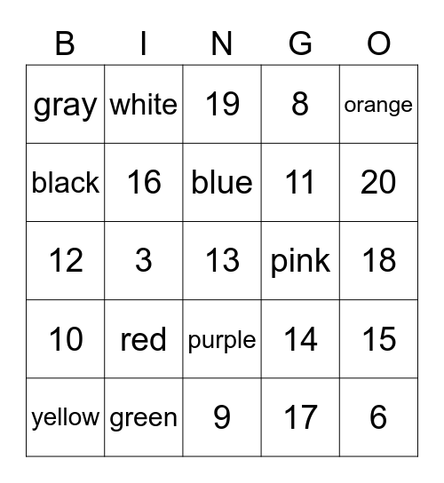Colours and Numbers Bingo Card