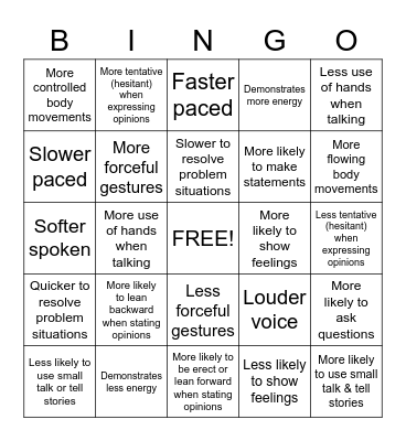 Social Styles Bingo Card
