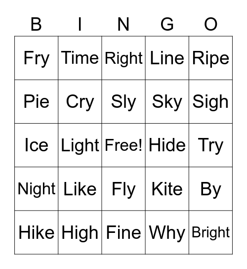 Long I Bingo Card