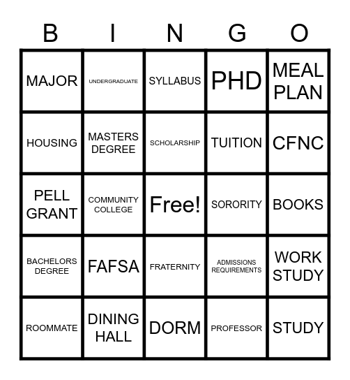 GO TO COLLEGE Bingo Card