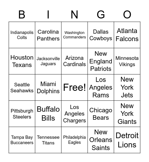 NFL Bingo Card