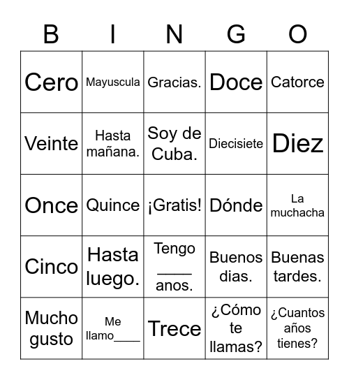 Español I Unidad 1 Bingo Card