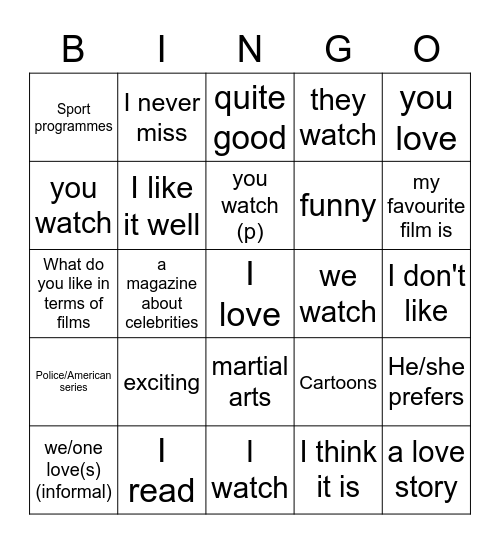 French TV, Reading, Films and Opinions Bingo Card