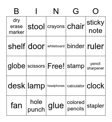 School Objects Bingo Card