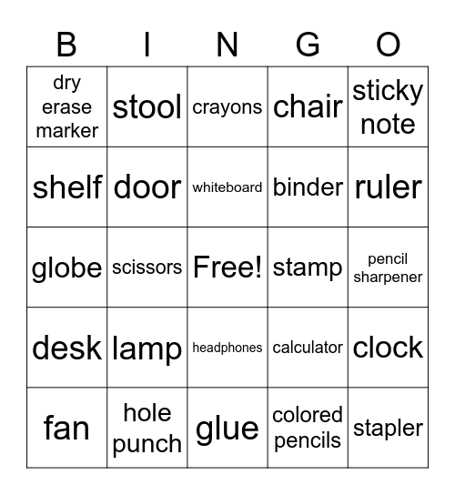 School Objects Bingo Card