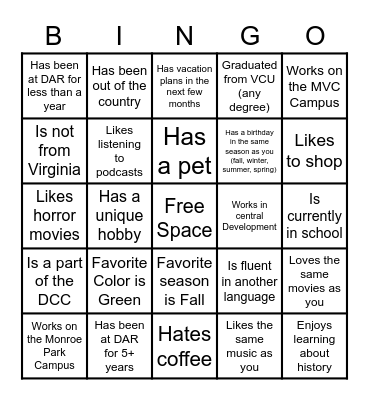 DCC Fall Networking Event Bingo Card