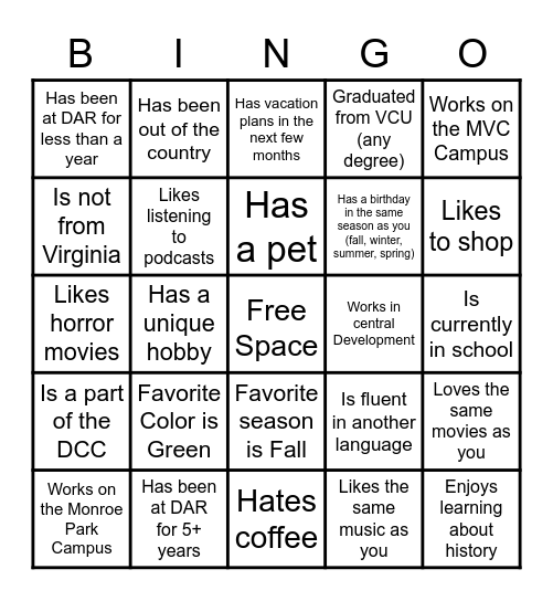 DCC Fall Networking Event Bingo Card