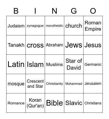 Languages and Religions BINGO Card