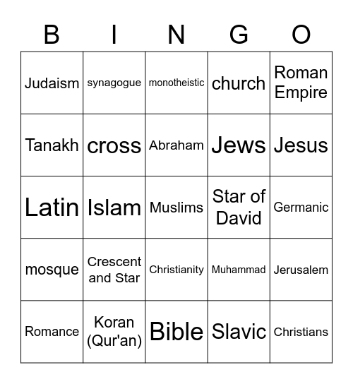 Languages and Religions BINGO Card