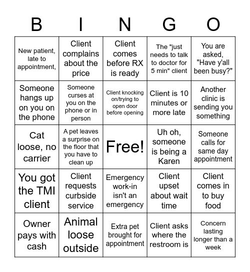 Veterinary Receptionist Bingo Card