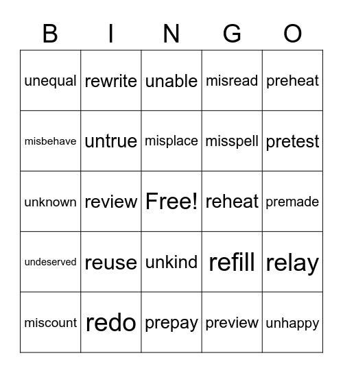 Prefixes Bingo Card