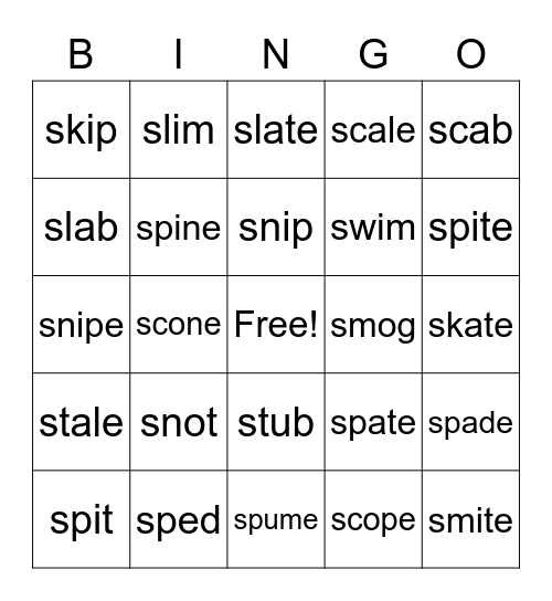 Initial S Blends Bingo Card