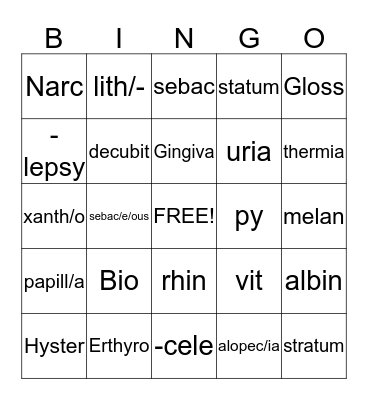 Intro Medical Professions:  Medical Terminolgy Bingo Card