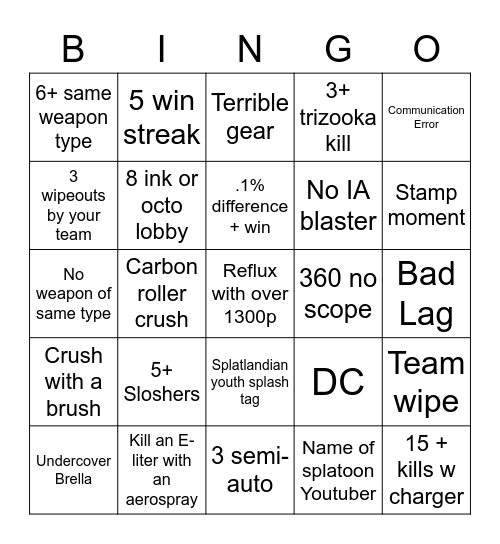 Splatoon 3 Bingo Card