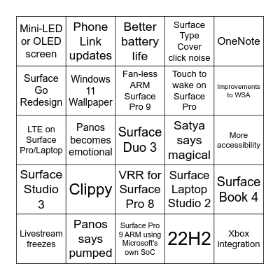Surface Event 2022 Bingo Card