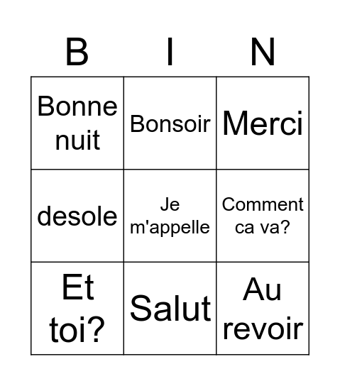 French greetings Bingo Card