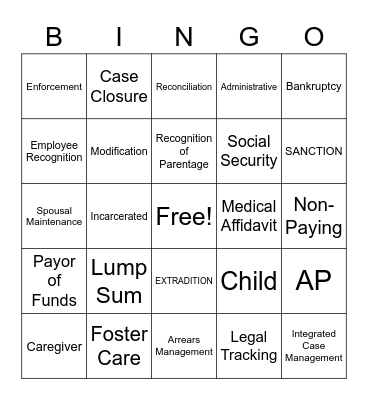 Child Support Bingo Card