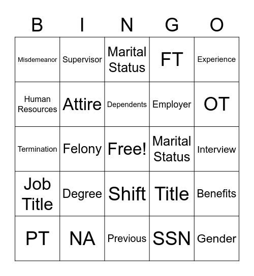 Application Vocabulary Bingo Card