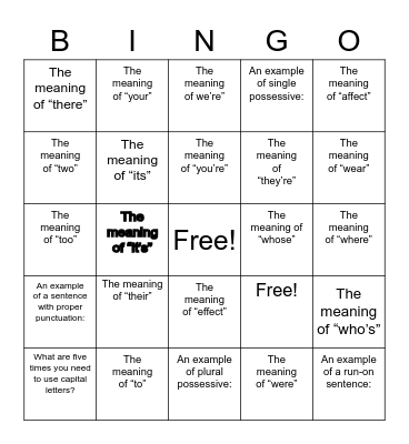 COMMON GRAMMAR ERRORS BINGO Card