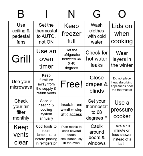 ENERGY SAVINGS Bingo Card