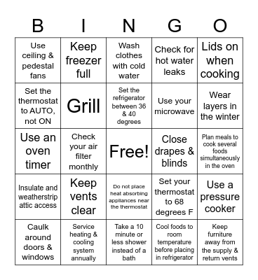 ENERGY SAVINGS Bingo Card