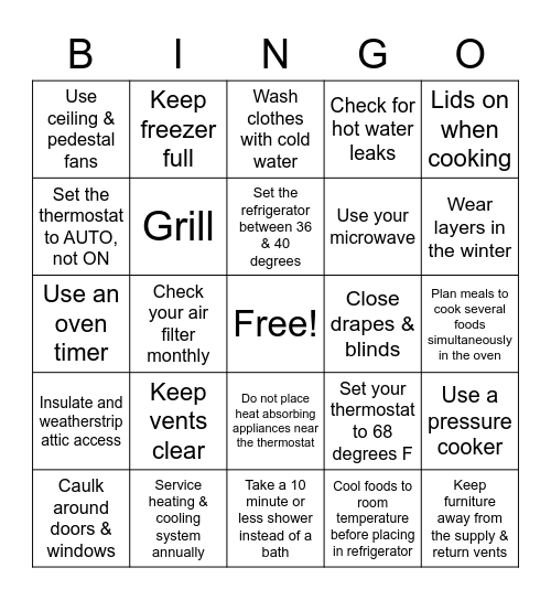 ENERGY SAVINGS Bingo Card