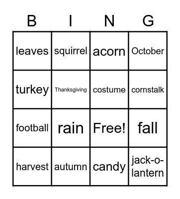 Fall Spelling Words Bingo Card