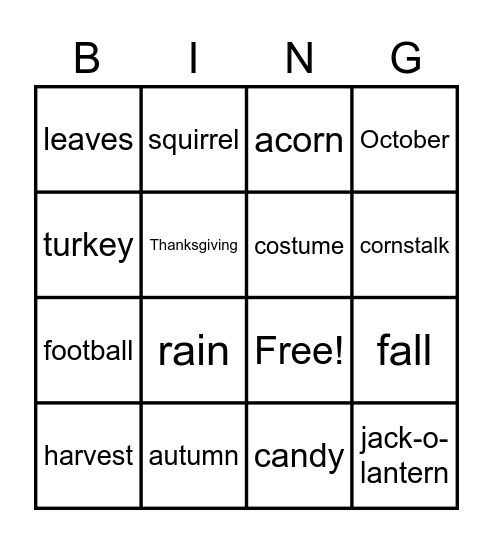 Fall Spelling Words Bingo Card