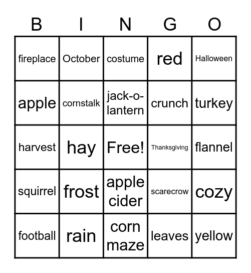 Fall Bingo Card