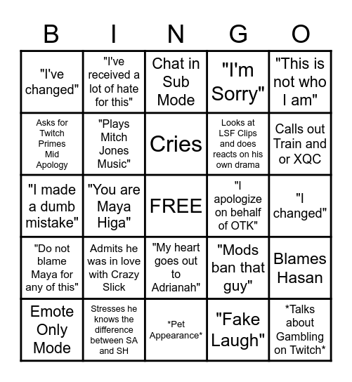 Mizkif Apology Bingo Card