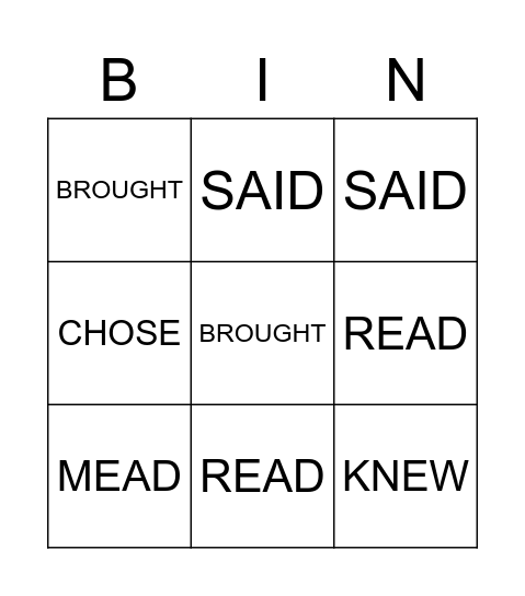 PAST SIMPLE VERBS Bingo Card