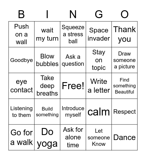 Coping and Social skills Bingo Card