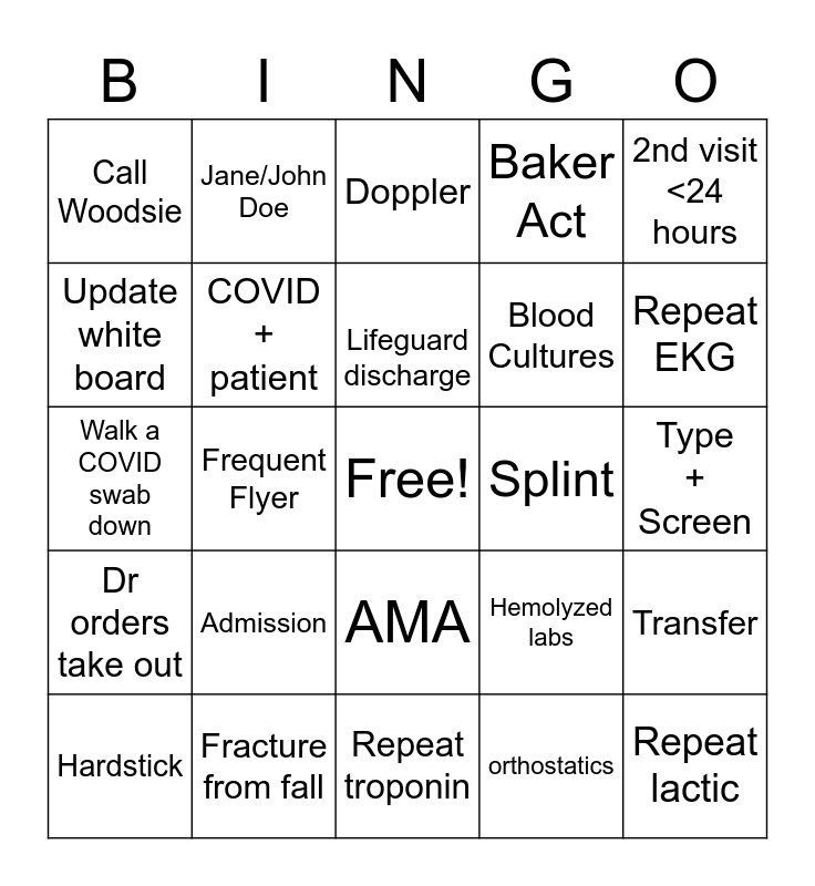 Emergency Week Bingo - Nurse/Tech Bingo Card