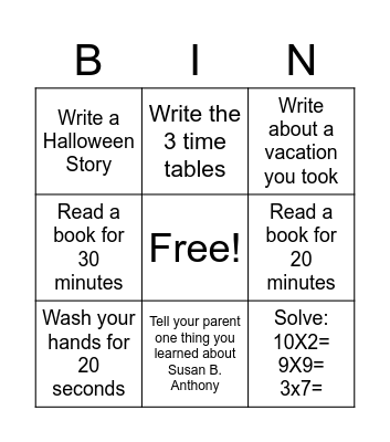 Homework Bingo Card