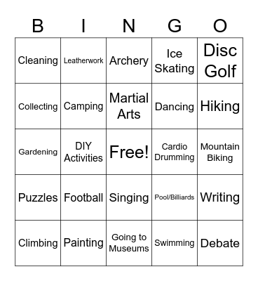 Leisure Interest Checklist Bingo Card