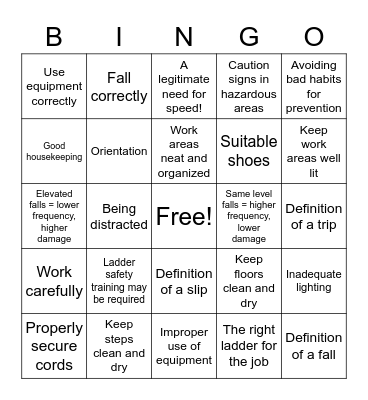 Slips, Trips, and Falls Bingo Card