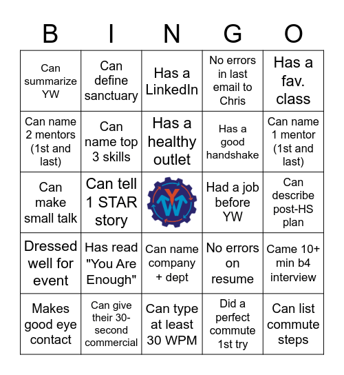 YouthWorks Bingo! Bingo Card