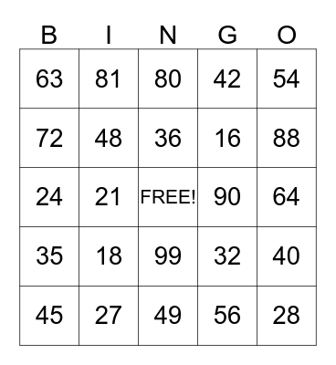 Multiplication Bingo Card