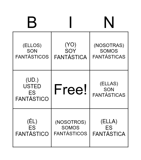PRESENTE DEL VERBO SER Bingo Card